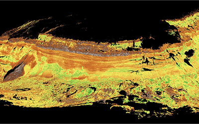 Data visualization showing cliff face contours in bright yellow, lime green, and burnt orange. 