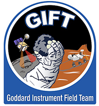 GIFT Logo. Shows lunar and martian backgrounds separated by an astronaut glove holding a dark rock.