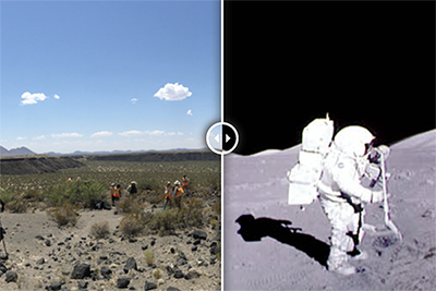 Side-by-side comparison of field researchers on Earth and an astronaut with a shovel on the Moon.